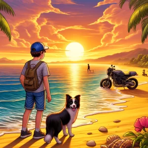boy and dog on beach with motorcycle