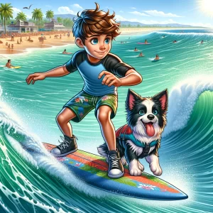 boy and dog on surfboard