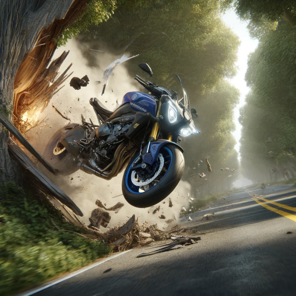DALL·E - Depict a hyper-realistic scene where a Yamaha MT-10 motorcycle is in the midst of a dramatic crash into a tree. 
