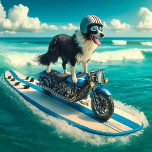 DALL·E  - A skilled border collie, wearing a safety helmet and goggles, standing confidently on a motorcycle which is on a surfboard.