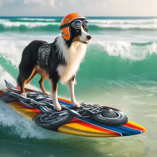 DALL·E - Imagine a skilled border collie, wearing a safety helmet and goggles, confidently stands on a surfboard. 