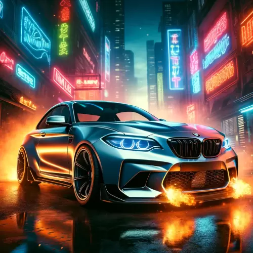 DALL·E - Create a realistic image of a BMW M2, showcasing its powerful elegance. The car is captured in a dynamic stance, with flames bursting from the exhaust.