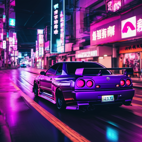 DALL·E - An image of a Nissan Skyline Car in the style of a cyberpunk neon theme.